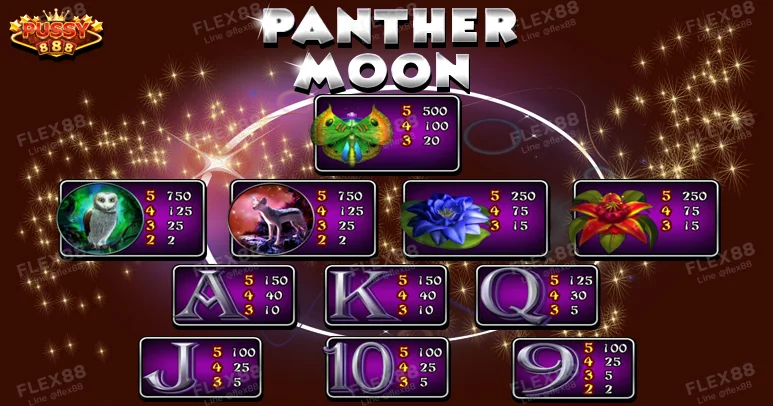 Pussy888 สัญลักษณ์ และอัตราจ่ายเงินรางวัล Panther Moon